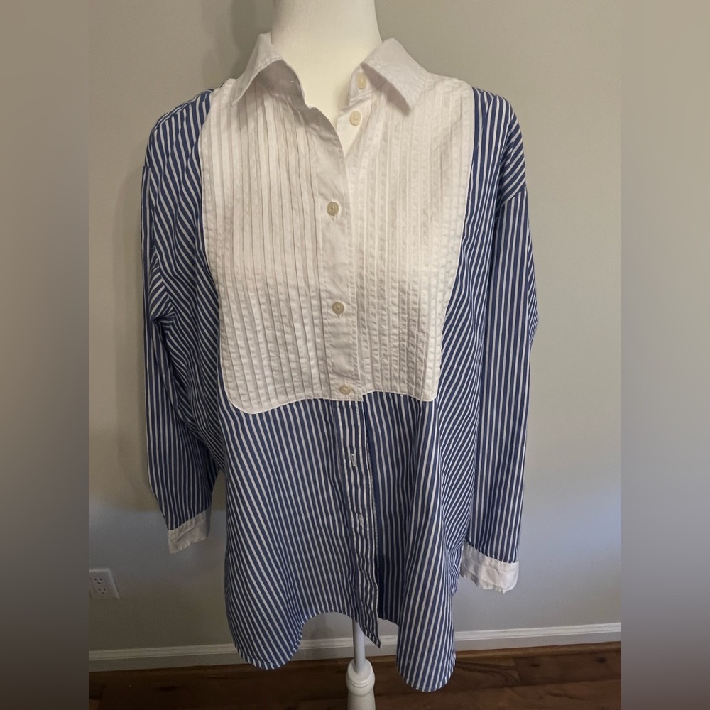 GAP Oversize Blue & White Striped Button-Down Shirt w/ Contrast Collar